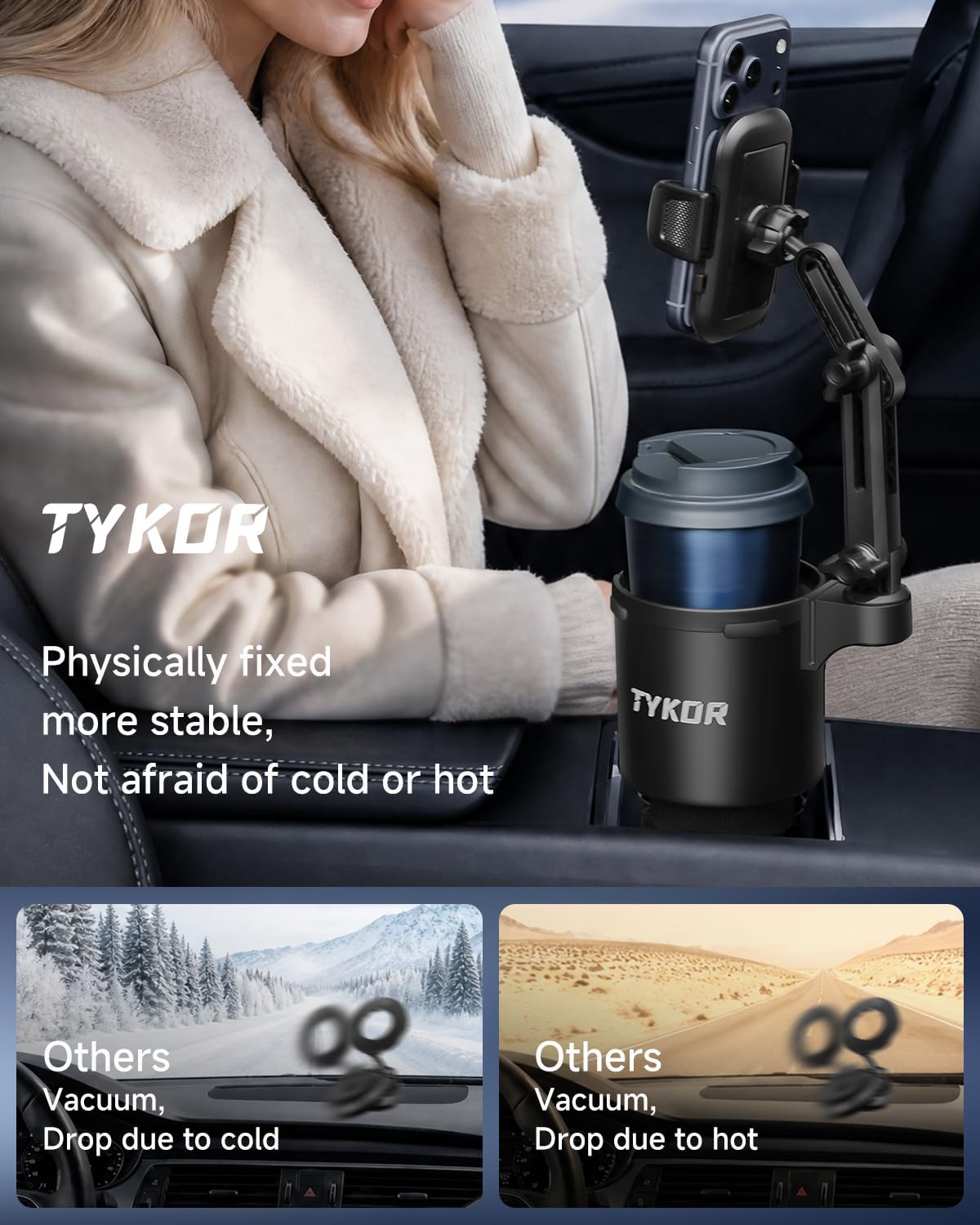 TYKOR Cup Holder Phone Holder for Your Car, 2 in 1 Cup Holder Phone Mount
