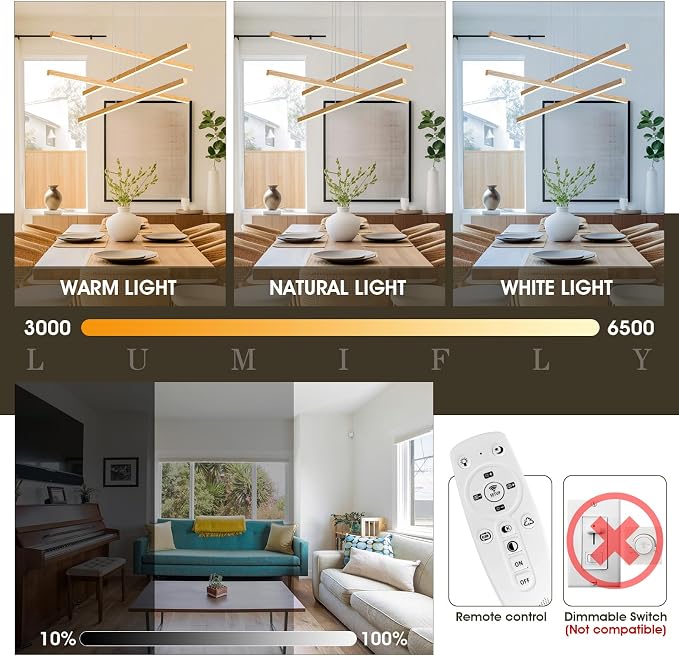 Linear Pendant Light Mdoern LED Chandelier 32" Boho Oak Wood Painted Ceiling