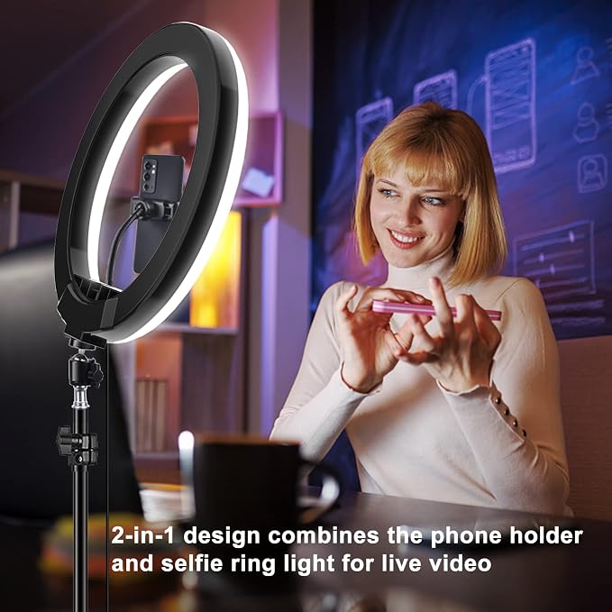 STALLY 10.2" Ring Light with Stand, 12 Dimming Levels, 32 Color Modes Selfie
