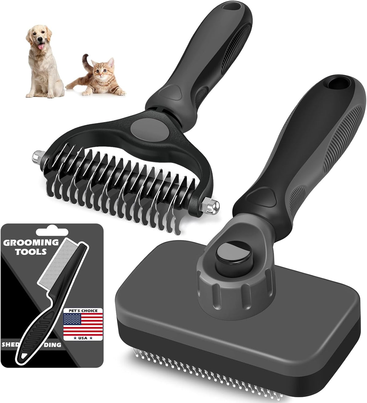 Skiennix Self-Cleaning Slicker Brush Set - Pet Grooming Rake & Flea Comb for Dogs, Cats, Horses | Premium Gray Tool