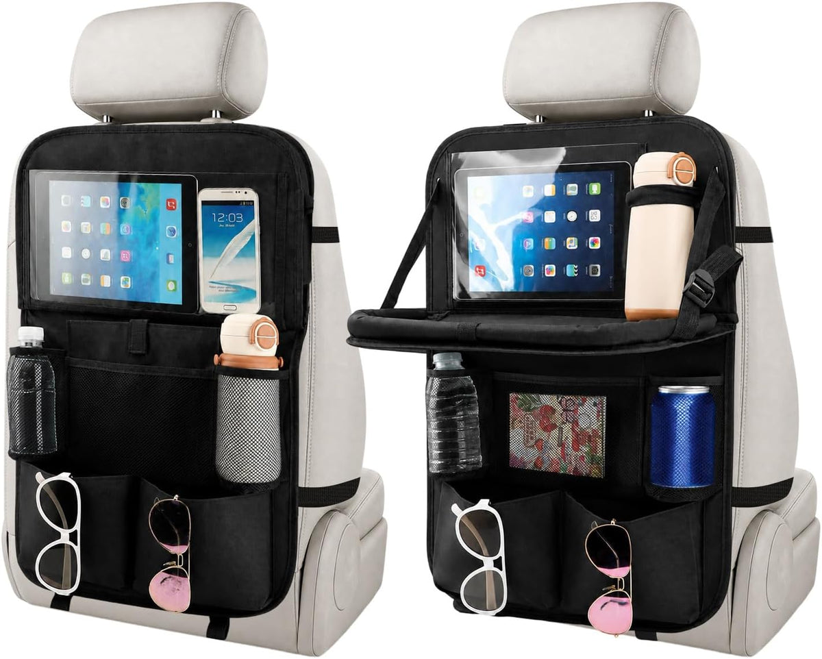 Car Backseat Organizer with Foldable Tray Table (2 Pack), Back Seat Organizer for Kids, Multi-Pocket Kick Mat Protector for Kids Travel Road Trip
