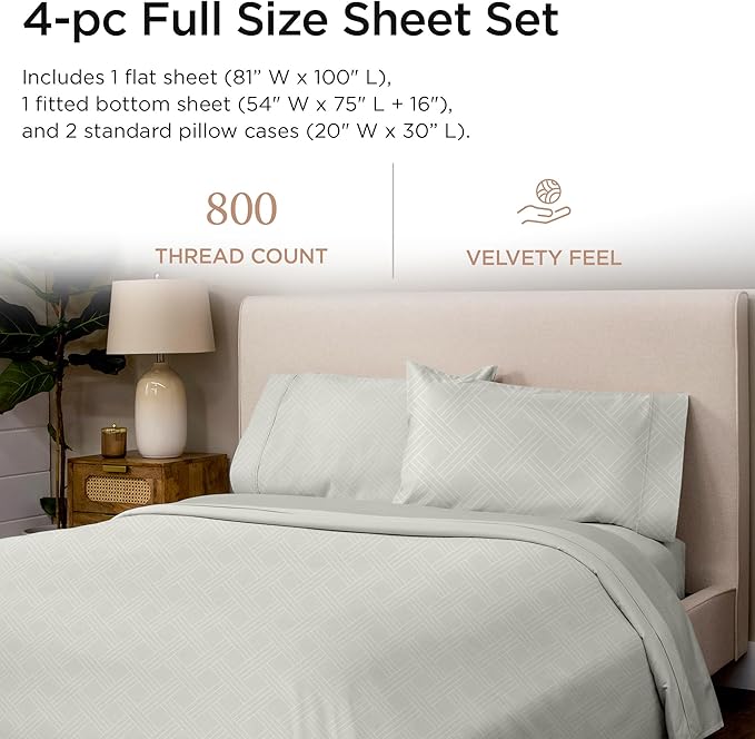 Threadmill Luxury Full Size Sheets for Full Size Mattress | 800 Thread Count Cotton Sheets | Jacquard Celine Light Grey | Better Than Egyptian Cotton| 4 Pc Bed Sheets | with Elasticized Deep Pocket