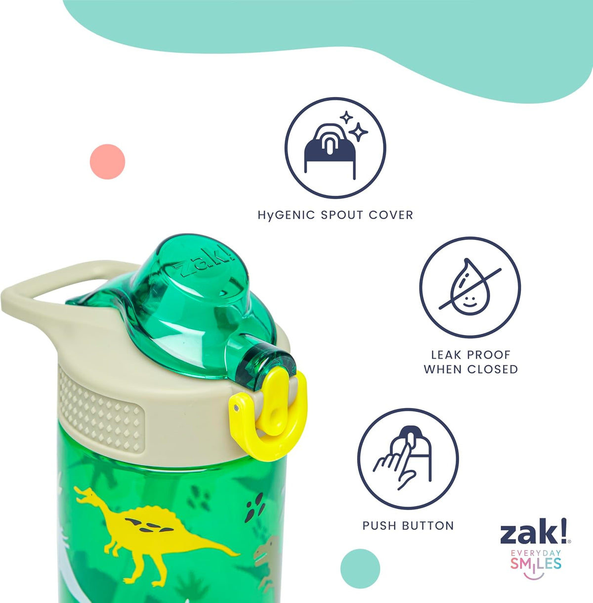 Zak Designs Sage Water Bottle - 16oz Durable Plastic with Straw, Handle & Leak-Proof Cover | Flower Power
