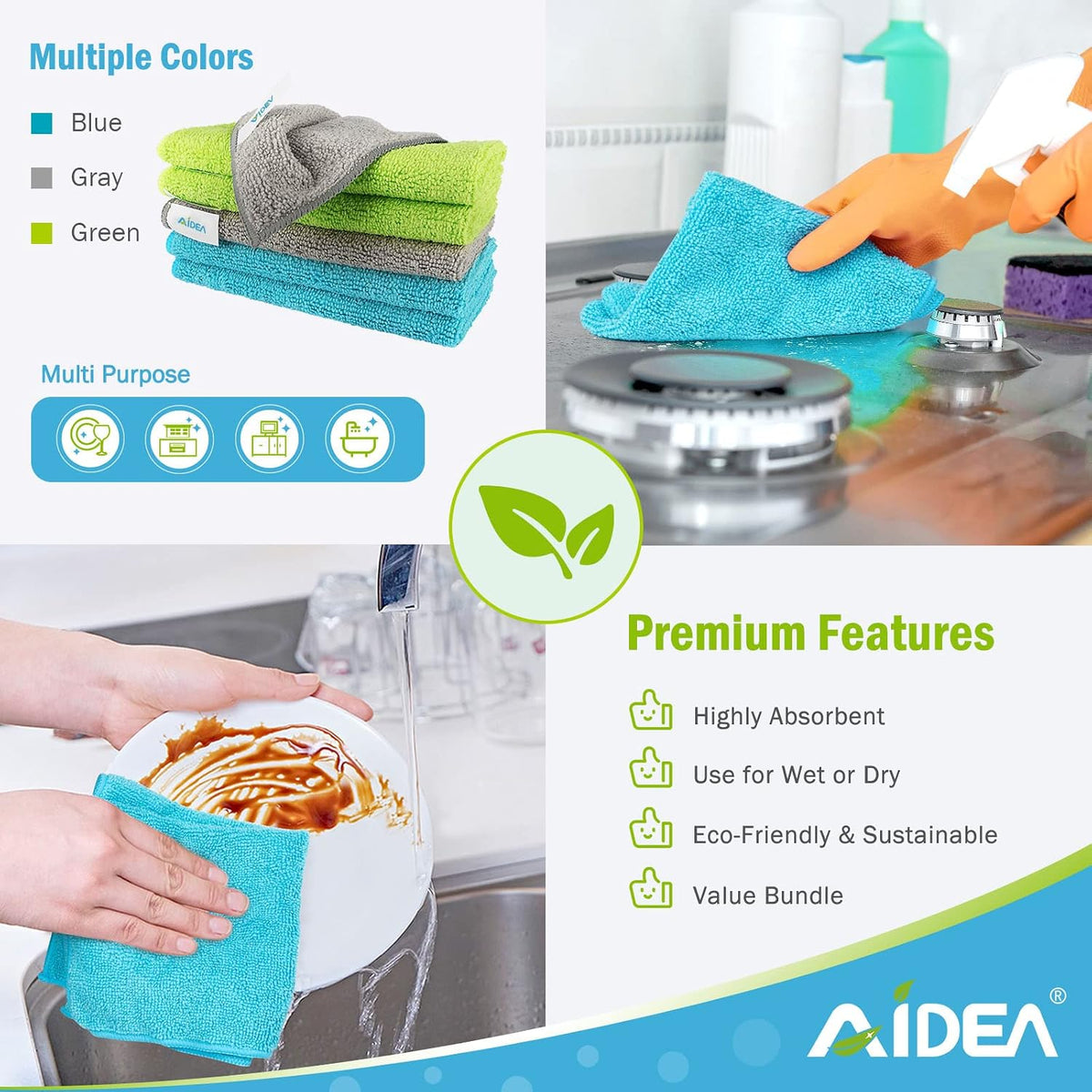 AIDEA Microfiber Cleaning Cloth-50PK, Microfiber Towels for Cars 12"x12" | Soft Absorbent Cleaning Rags, Reusable Microfiber Towel Lint-Free Streak-Free for House, Kitchen, Window Multicolor