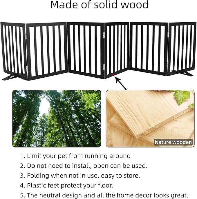 ZJSF Freestanding Indoor Dog Gate for House Foldable Wood Puppy Gate for Doorways Pet Gate for Stairs Extra Wide Pet Fence, Black, 24" Height 6 Panels