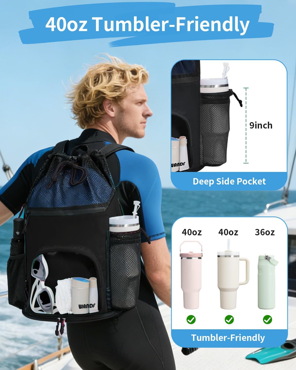 WANDF Swim Bag - Sandproof Beach Backpack with Wet Pockets & Tumbler Side Pockets | Black