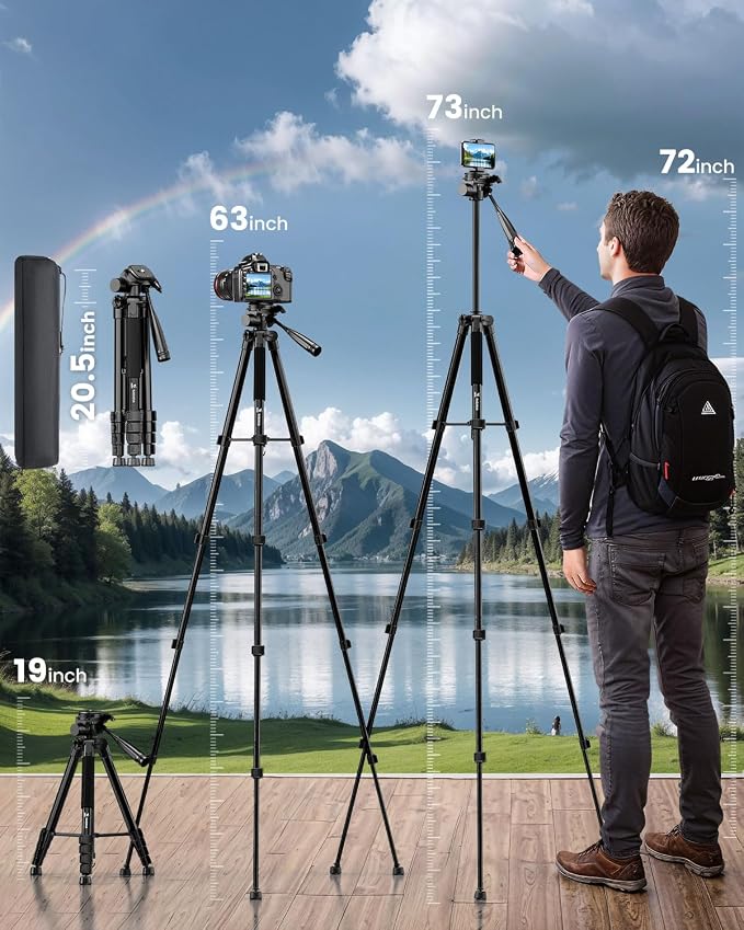 73" Camera Tripod for Camera and Phone, Aluminum Travel Tripod for iPhone