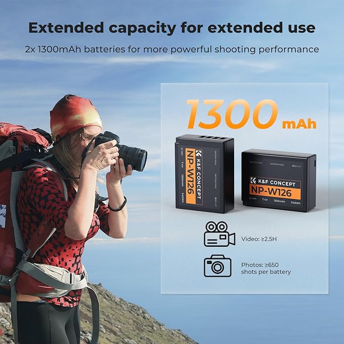K&F Concept 1300mAh NP-W126 NP-W126S Battery and Charger