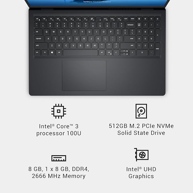 Dell 15.6 Laptop, FHD, Intel Core 3 100U, 8 GB RAM, Windows 11 Home | Anti-Glare IPS WVA, 250 nits, Intel UHD Graphics, DDR4, 512GB SSD, Wi‑Fi 6 & Bluetooth, DC15250