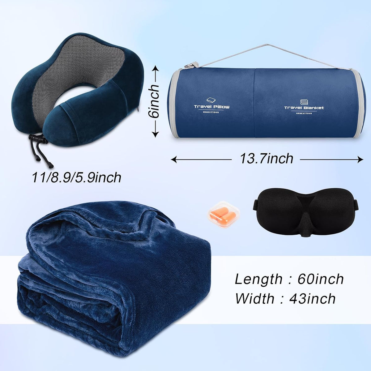 urnexttour Travel Pillow and Blanket Set Neck Pillows Travel Essentials with Sleep Mask for Airplane Car Memory Foam Blue