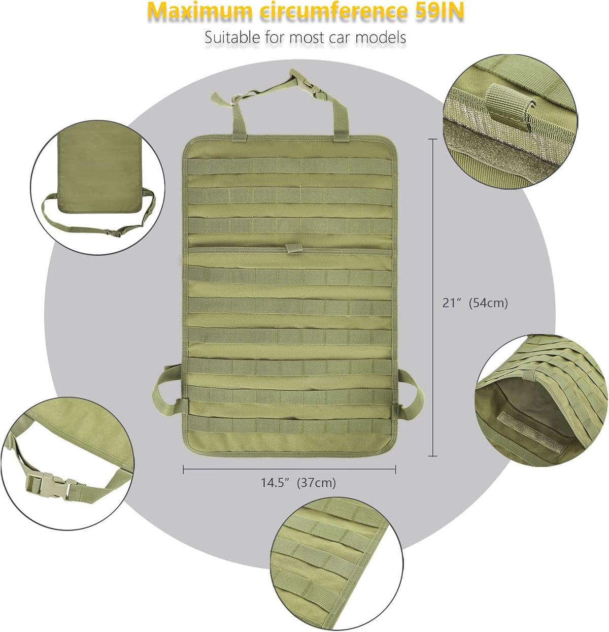 Universal Tactical Car Seat Back Organizer Bag Tactical Molle Vehicle Organizers Panel Vehicle Protector Organizers with 5 Detachable Pouches for Car Truck Ford Jeep (Army green)