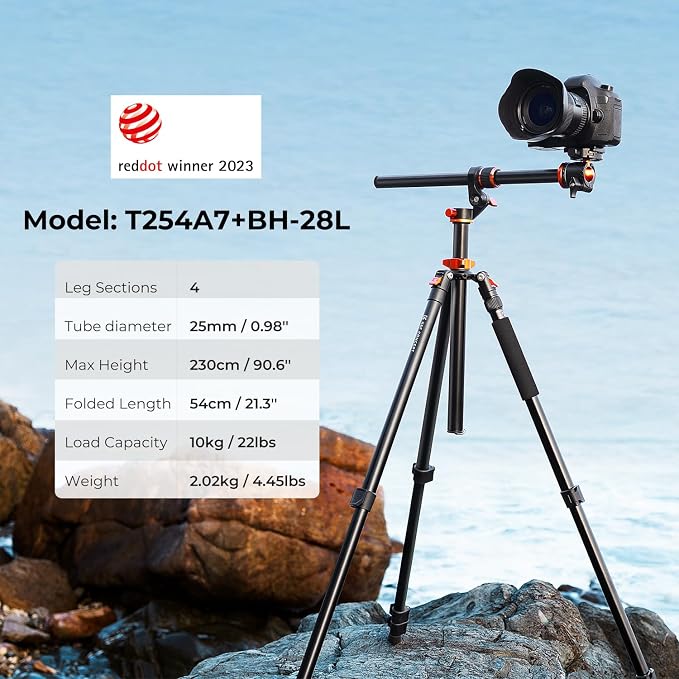 K&F CONCEPT 90''/230cm Ultra High Camera Tripod T254A7+BH-28L | Horizontal