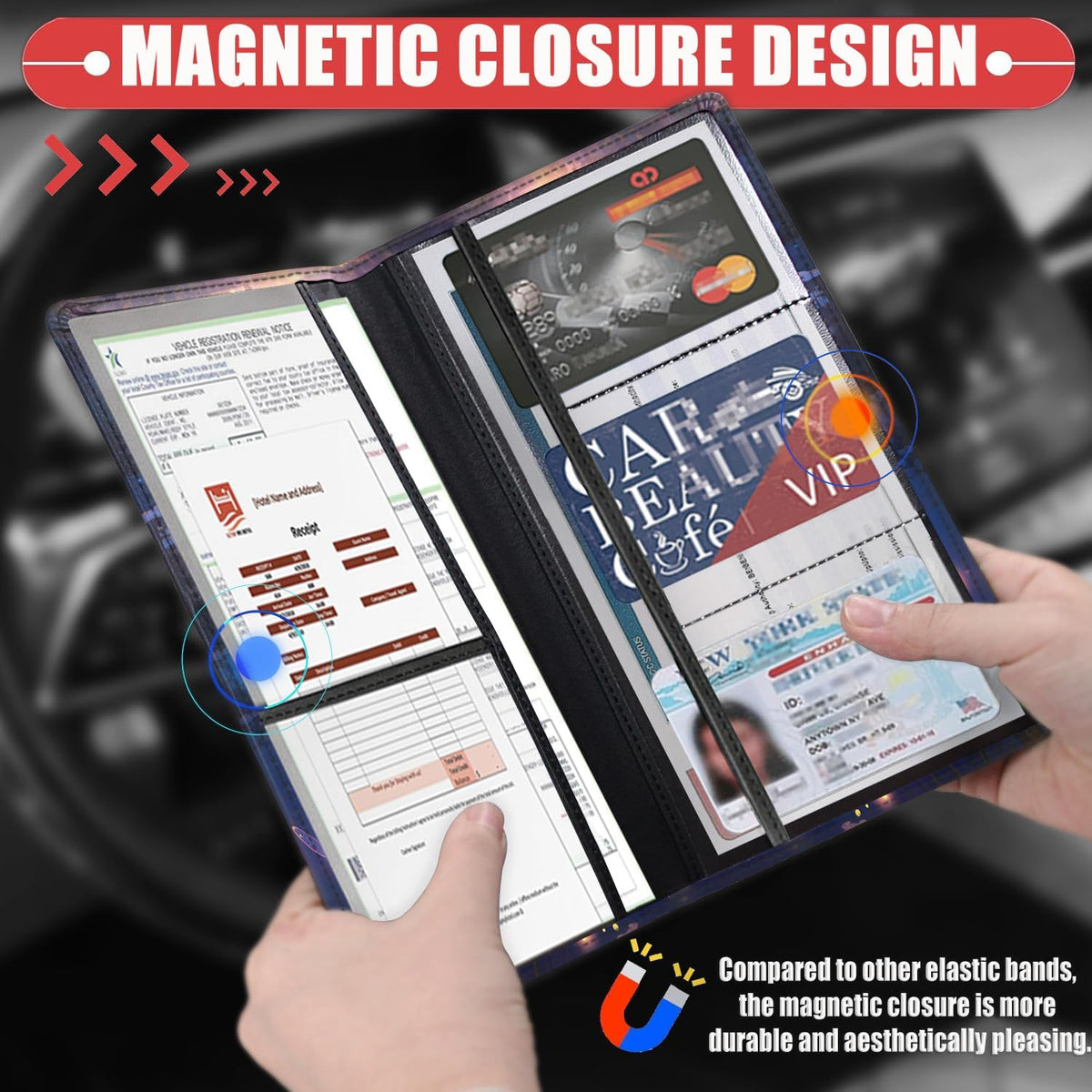 Car Document Holder with Magnetic Shut, Car Registration & Insurance Card Holder, Waterproof PU Leather Glove Box Organizer Vehicle Accessories Driver License for Women/Men, Dragonfly Pattern