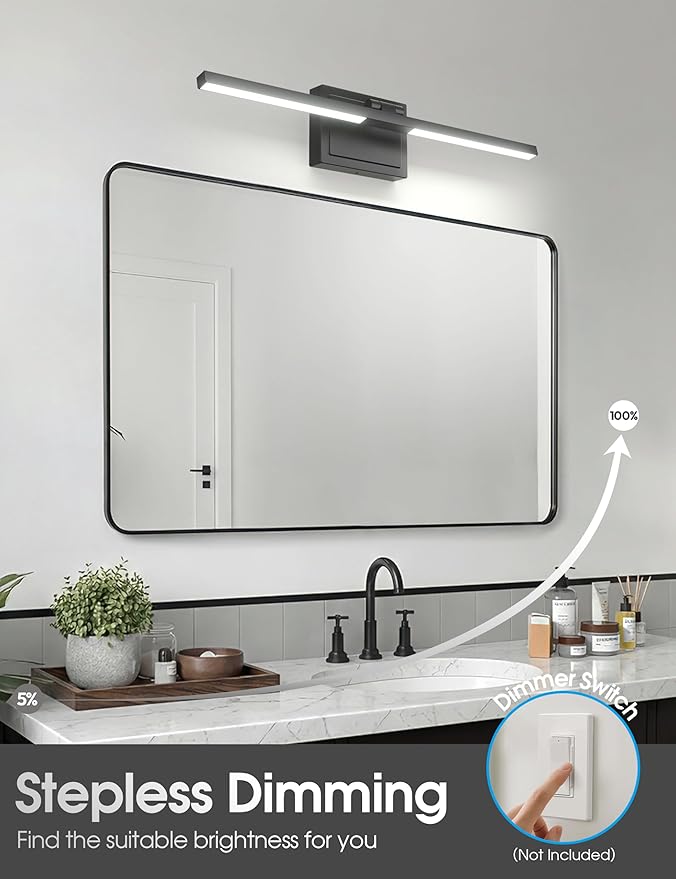 VOLISUN Bathroom Vanity Light 24 inch, 5CCT Dimmable, 24W LED Bathroom Light Fixture Over Mirror, Black Bar Vanity Lights for Bathrooms Mirror Cabinets -ETL Certificated