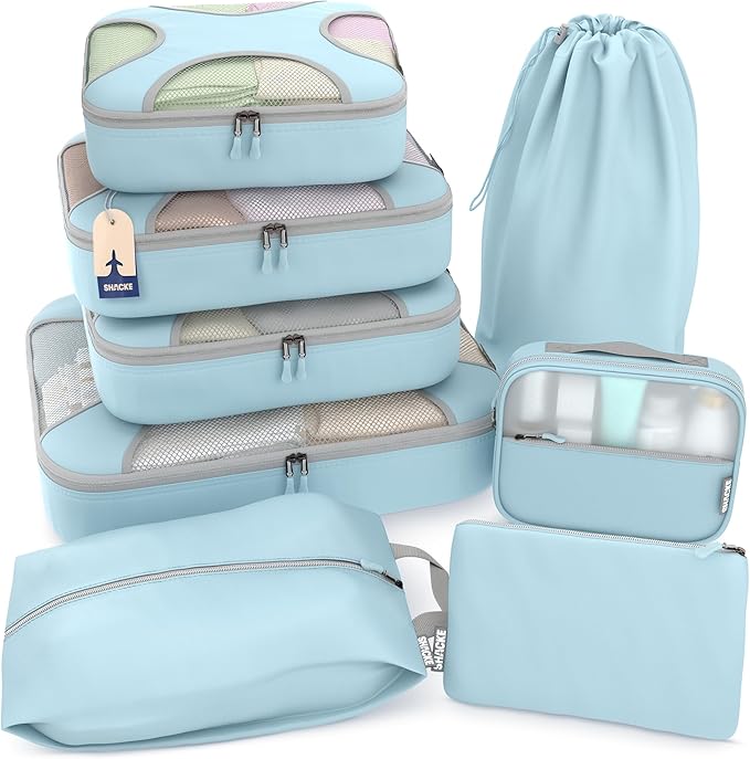 Shacke Premium 8 Packing Cubes Set - Lightweight Mesh Travel Luggage Organizers with Laundry Bag, 8-Piece Suitcase Storage System (Sky Blue)