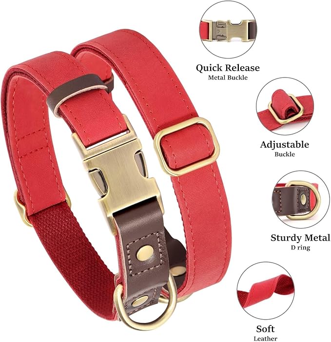 Didog Soft PU Leather Dog Collars for Small Dogs,Classic Adjustable Dog Collars with Quick Release Metal Buckle,Easy Clean and Comfortable with Nylon Lining,Red,S Neck 11-15"