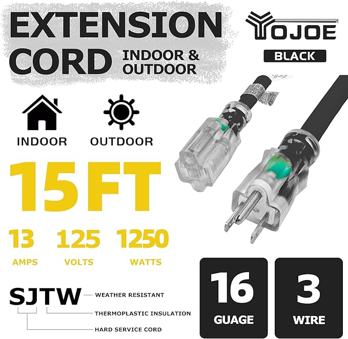 YOJOE Indoor Outdoor Extension Cord with Lighted End, 3 Prong 13A Weatherproof Power Cord, 16 Gauge Heavy Duty 15 ft Black Extension Cord for Garage, Garden and Home, 16/3 SJTW UL Listed