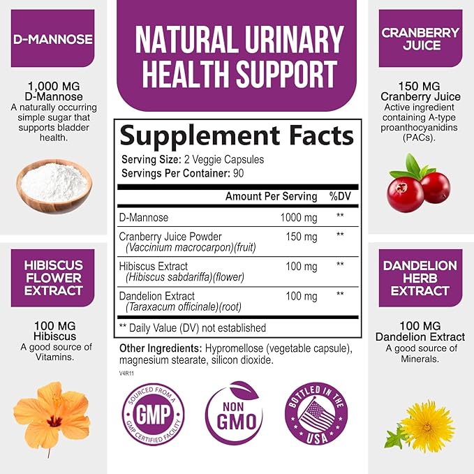 D-Mannose with Cranberry, Hibiscus & Dandelion 1350mg Advanced Formula – Urinary Tract Support Supplement for Women & Men – Flush & Cleanse Impurities – Non-GMO, Vegan for Women & Men – 180 Capsules