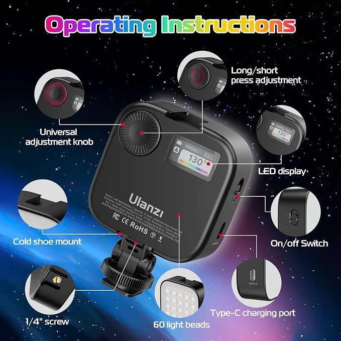 ULANZI U60 RGB Video Lights Black LED Camera Light 360° Full Color Portable
