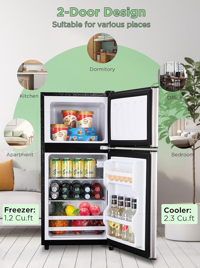 F.W.WOOLWORTHS 3.5 Cu.Ft Refrigerator with Freezer | Compact Fridge with 2 Doors for Office, Kitchen, Dorm and Bedroom, 7 Level Temp Adjustable Thermostat, Silver