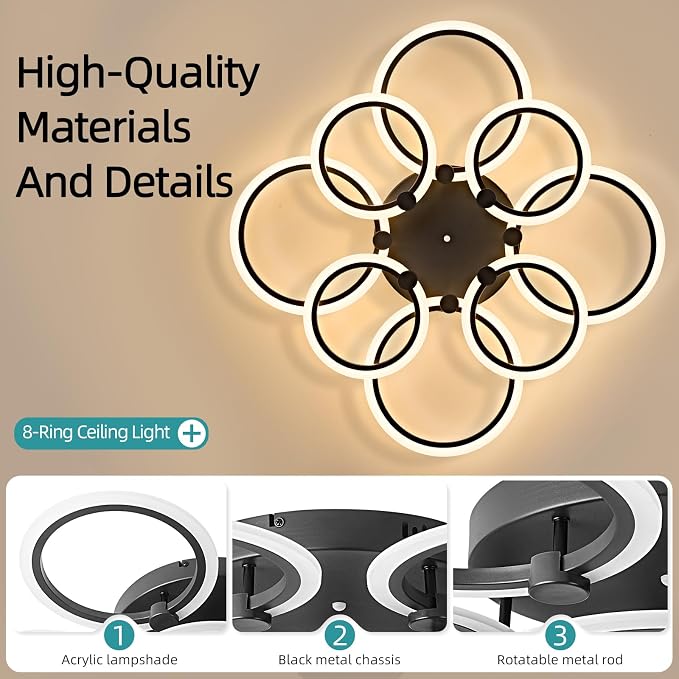 LED Ceiling Light, 8-Ring Modern Flush Mount Fixture, 145W Dimmable 3000K–6500K