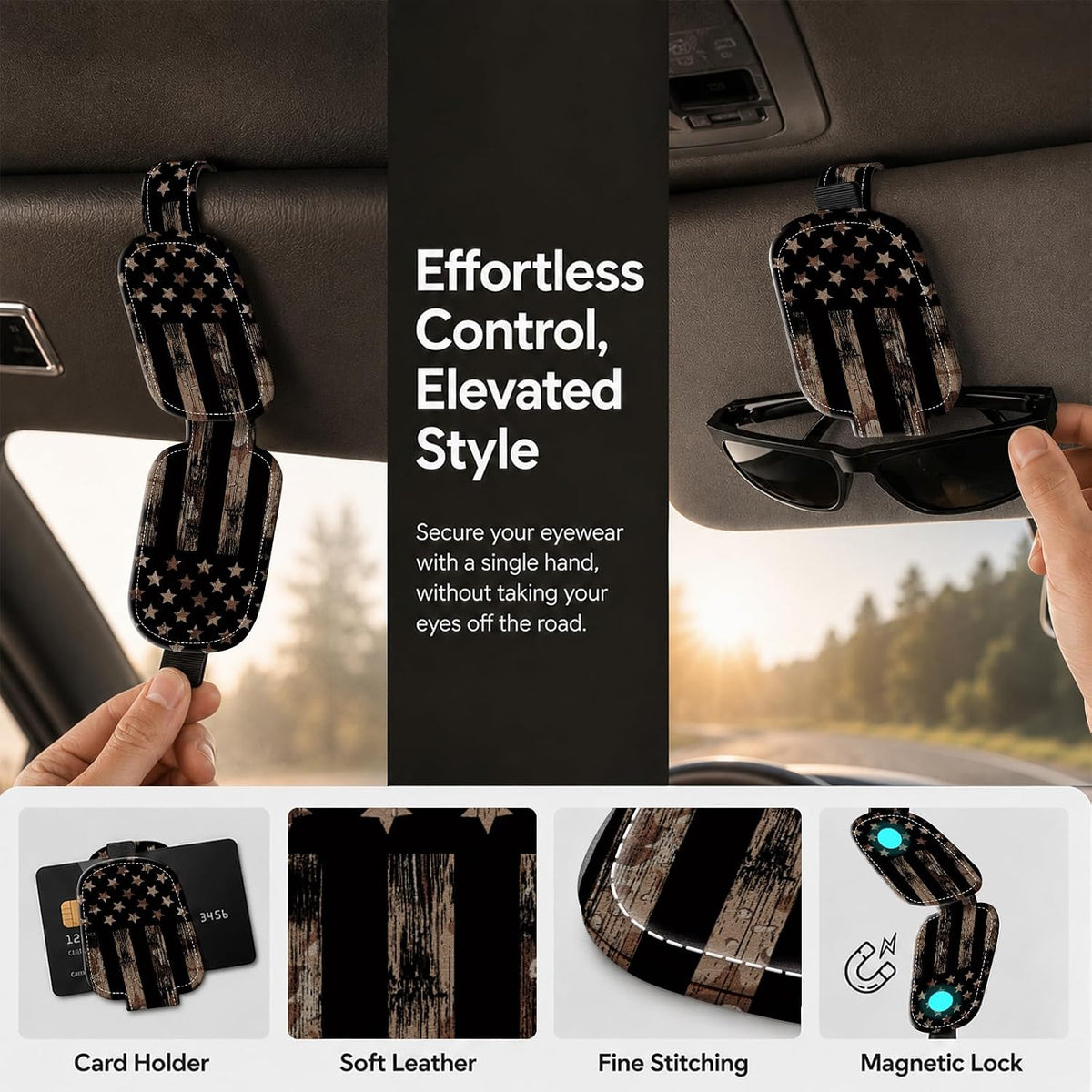 Sunglasses Holder for Car Visor, PU Leather Glasses Clip Organizer, Cute Magnetic Eyeglass Holder for Vehicle Sun Visor, Car Interior Accessory for Women & Men, Black American Flag