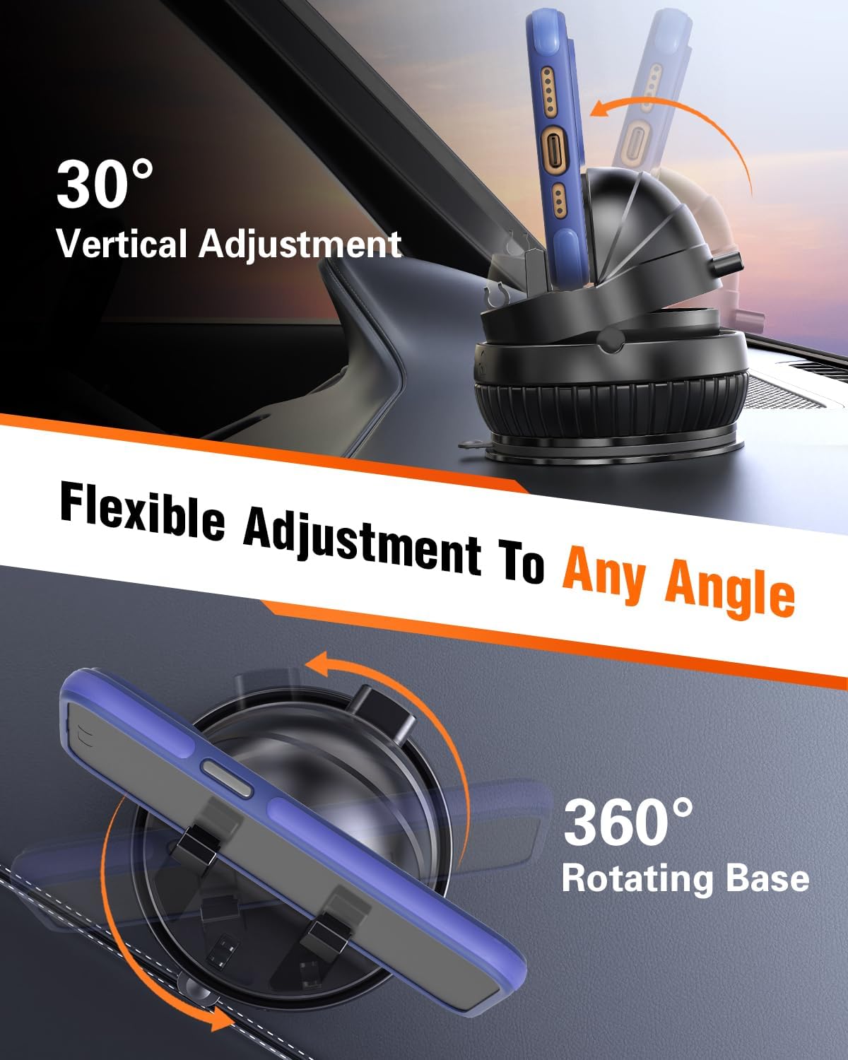 pop-tech Car Suction Dashboard Phone Holder:【360° Rotating & 30° Adjustable】 Vacuum Suction Cup Cell Phone Mount with Anti-Slip Spring Snap, Vehicle Dash Mobile Stand for iPhone Samsung, GPS Device