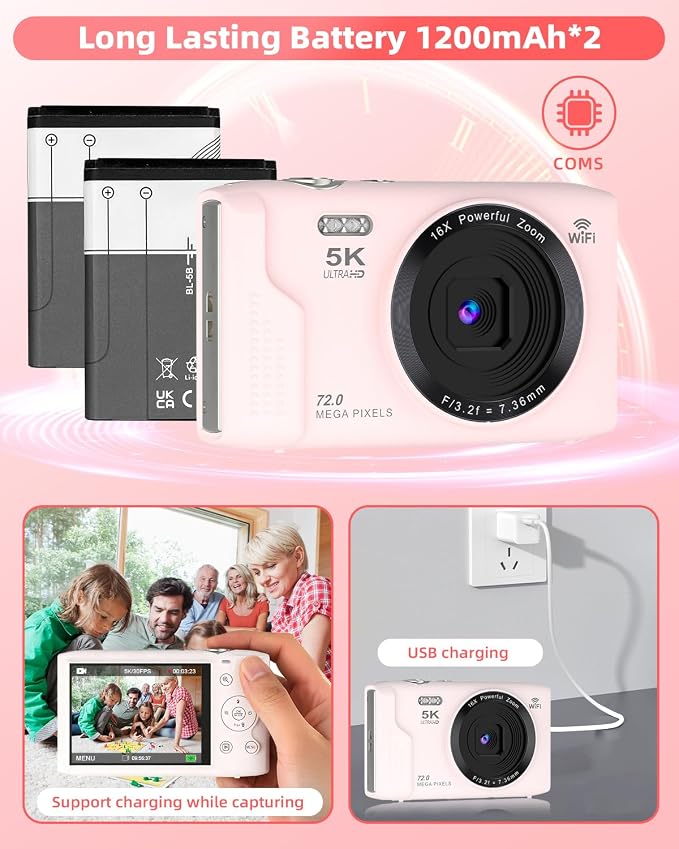 5K Digital Camera for Photography, 72MP Autofocus WiFi Vlogging Camera for