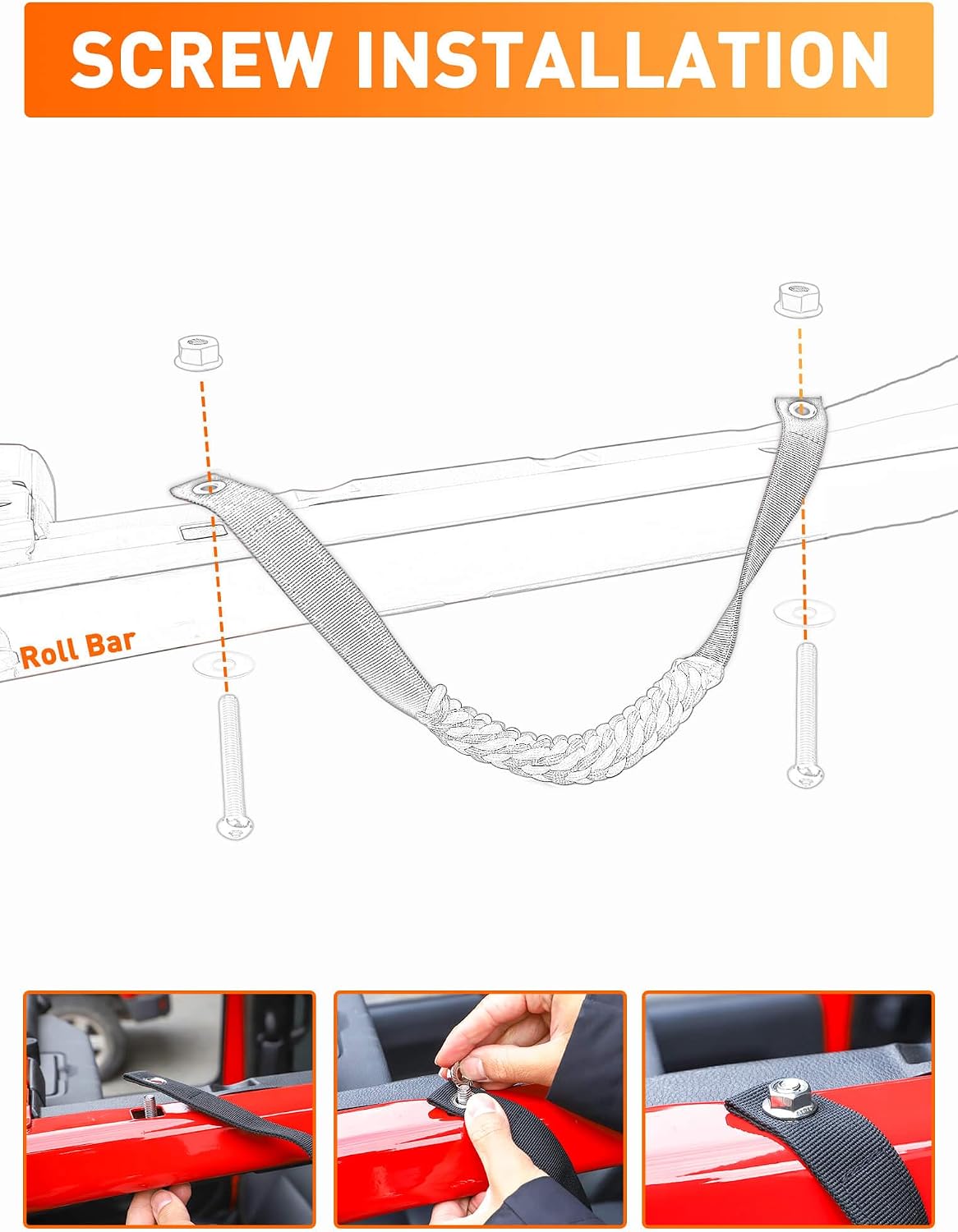 Savadicar 2 Pack Paracord Roll Bar Grab Handles for 2018-2024 Jeep Wrangler JL JLU 4XE &amp; Gladiator JT, Comfortable Cylindrical Weave for Secure Grip, Essential Interior Accessories, Orange
