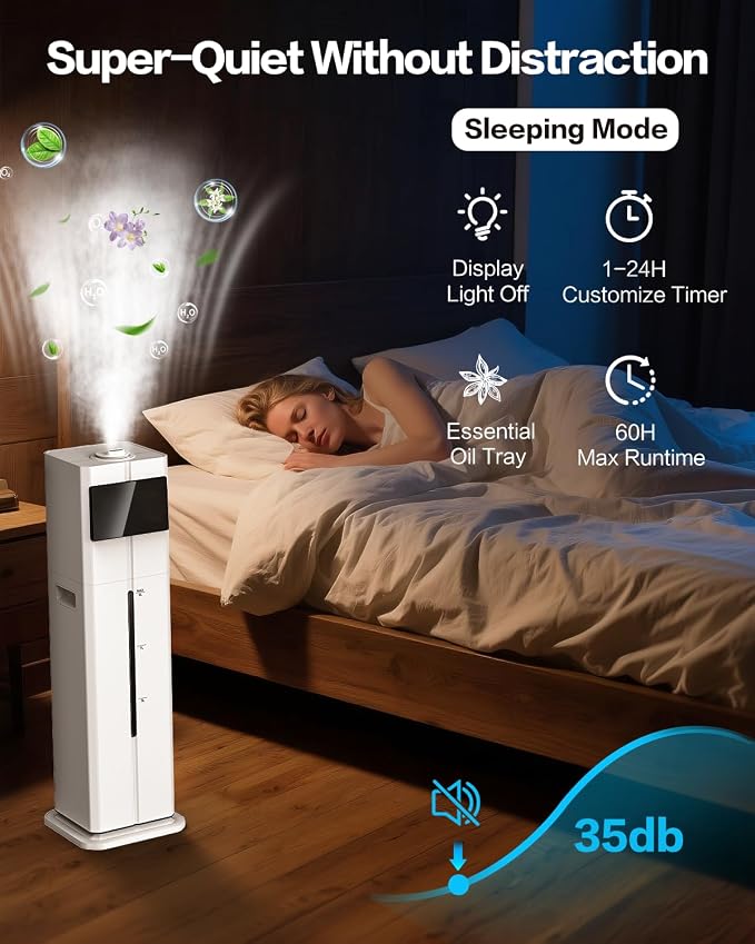 Cool Mist Humidifiers for Bedroom, Ultrasonic 2.4Gal 9L Quiet Top-Fill, Easy Clean with Essential Oil Tray, 360°Nozzle, 4 Speed, Remote, 60H Runtime, for Baby, Adults, Plants, Home, House, Large Room