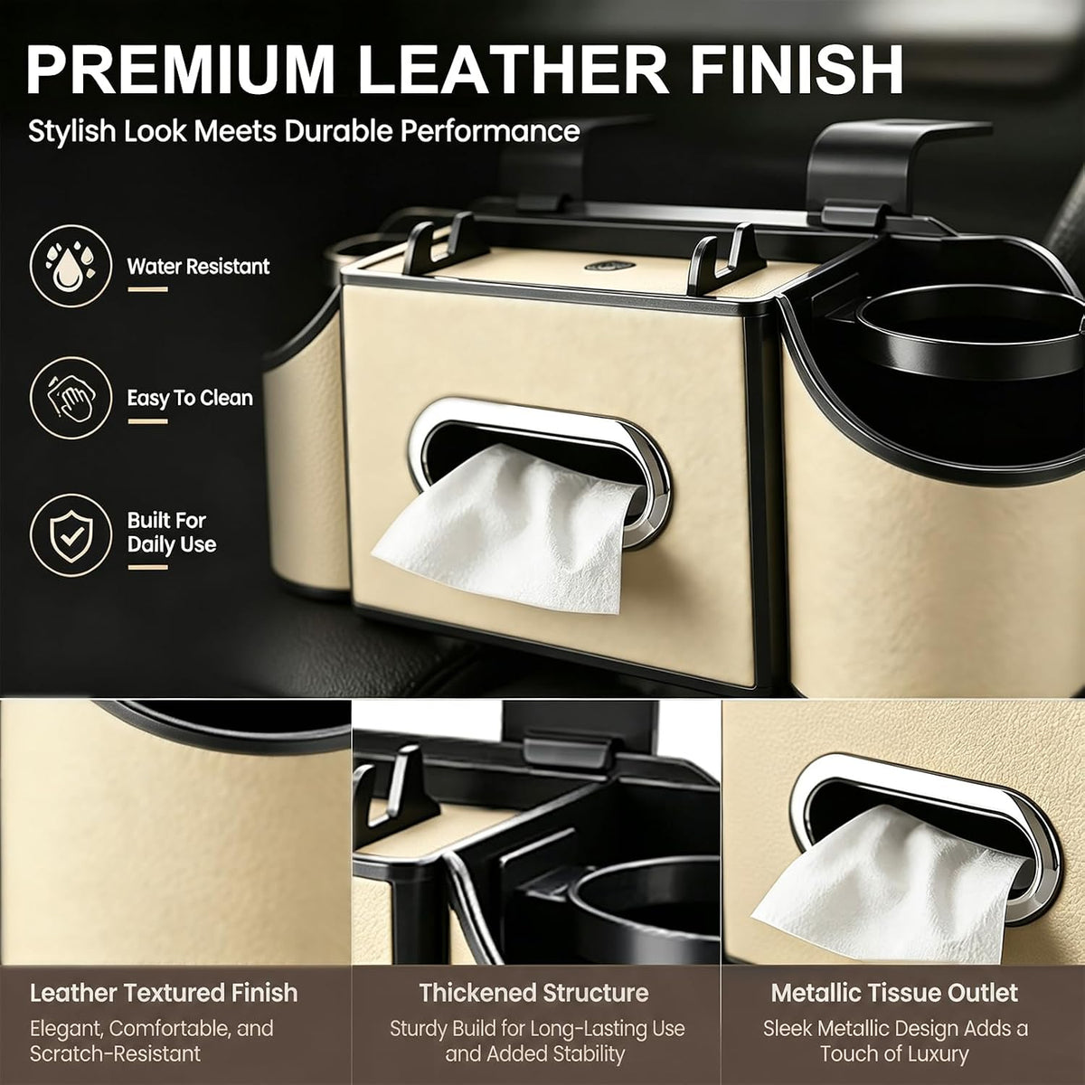 Back Seat Car Organizer, 2 Cup Holders, Tissue Holder, Phone Stand & Hooks