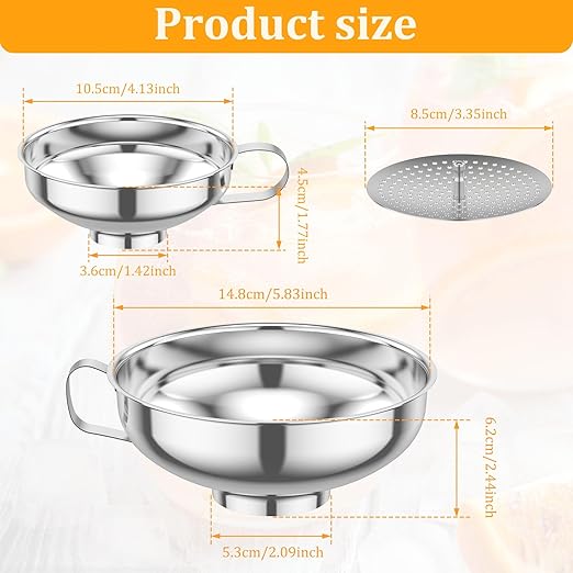 6-Piece Stainless Steel Canning Funnel Set with Strainers, Wide Mouth Mason Jar Funnels Family Pack, Metal Funnels for Filling Bottles, Canning Supplies for Preserving