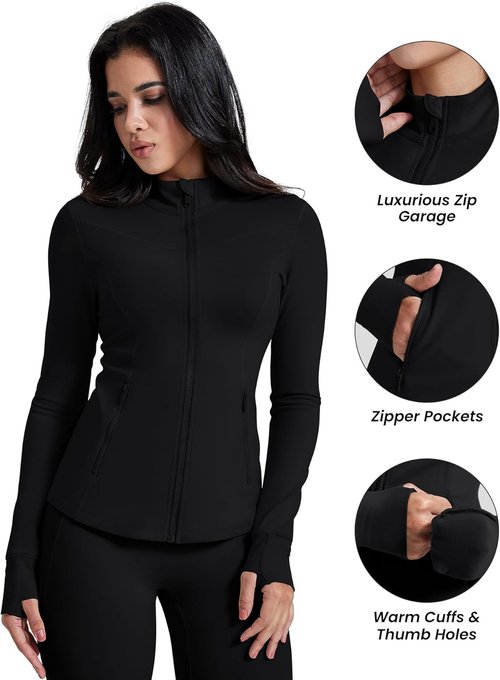 AVGO Women's Running Jacket - Lightweight Slim Fit Zip-Up Athletic Top with Pockets & Thumb Holes