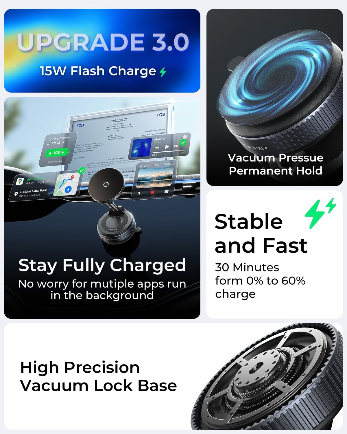 【Upgraded】for 15W MagSafe Car Mount Phone Charger w/ 3.3' USB-C Cable