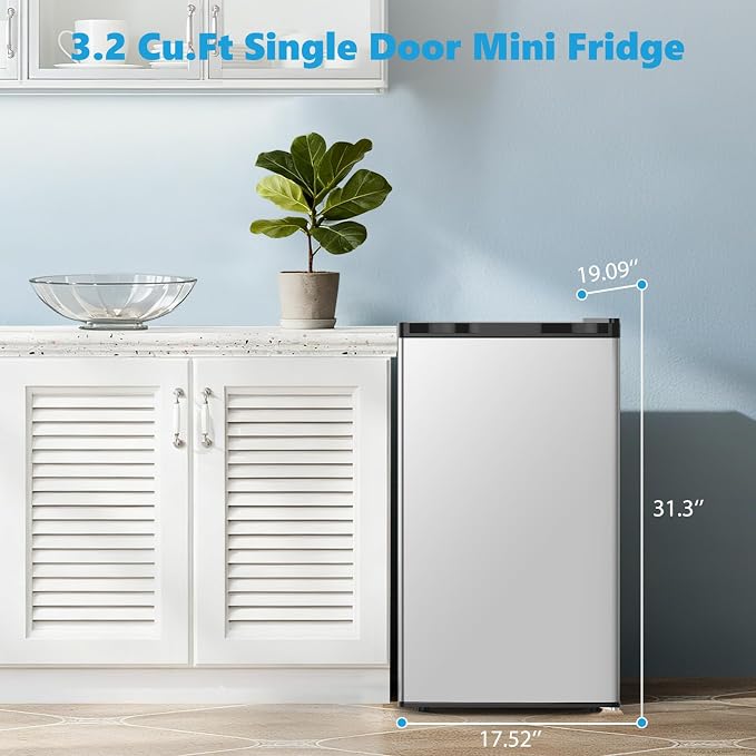 COWSAR 2.6 Cu.Ft Mini Fridge with Freezer for Bedroom Office, Silver | Single Reversible Door, 7 Temperature Settings, Energy Saving, 2 Removable Shelves, Compact Small Fridge for Apartment Dorm