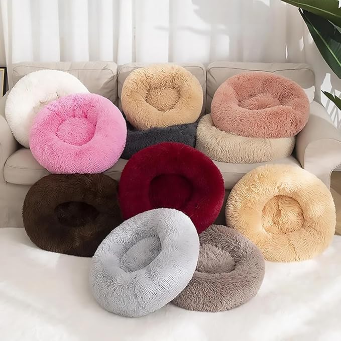 Calming Dog Bed for Small Dogs, Calming Donut Cuddler Pet Bed Anti Anxiety Round Dog Bed Fluffy Plush Faux Fur Cat Bed,Navy Blue,27.5IN