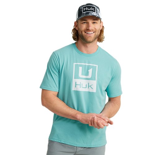 HUK Mens Short Sleeve Performance Tee, Fishing T-Shirt for Men, HUK Stacked Logo - Marine Blue, Small