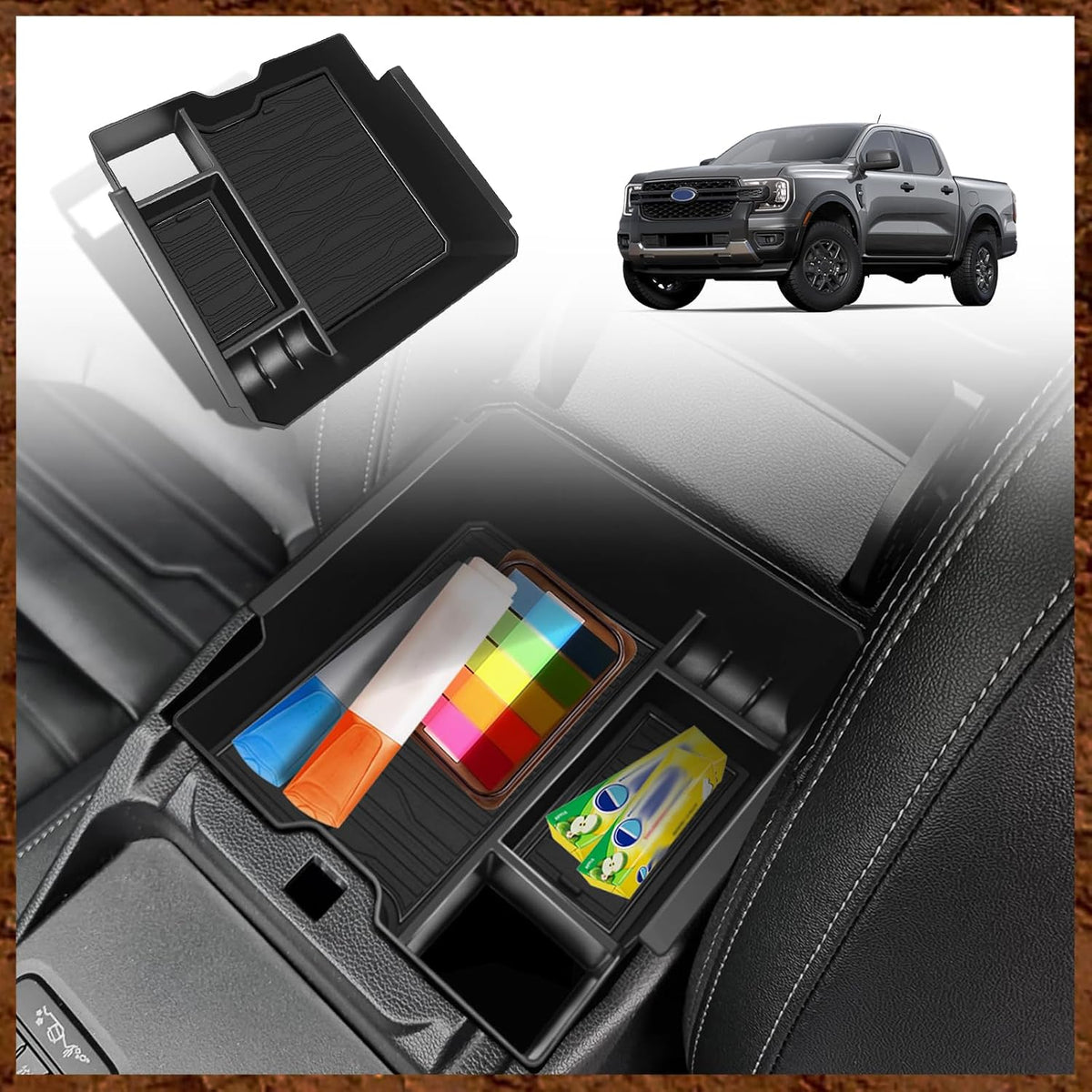 Muslogy Two-Layer Console Organizer for 2024+ Ford Ranger & Raptor (Red)