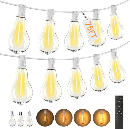 Outdoor String Lights, 75FT Patio Lights with 50+3 Bulbs(1.5FT Bulbs Spacing), Outdoor String Lights, Remote & Dimmer, 3 Mode Light & Timing, 50PC Mounting Ties for Outside, 2200K (White)