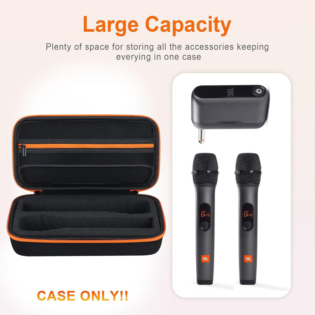 BOVKE Microphone Case Compatible with JBL Wireless Two Microphone System, Carrying Case for JBL 2X Digital PartyBox Wireless Mic for Singing or Karaoke, Extra Space for Receiver, Batteries, Black