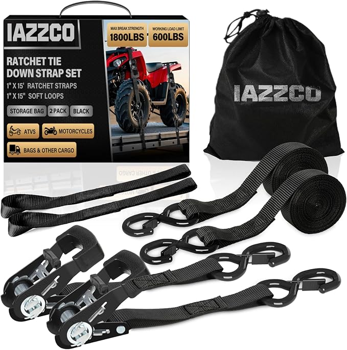 Ratchet Straps - Heavy Duty Tie Downs Straps - 1 Inch x 15 Feet 2 Pack - Safety S Hooks & Soft Loops, 1800LBS Break Strength for Men, Trucks Cargo Moving appliances Motorcycle ATV