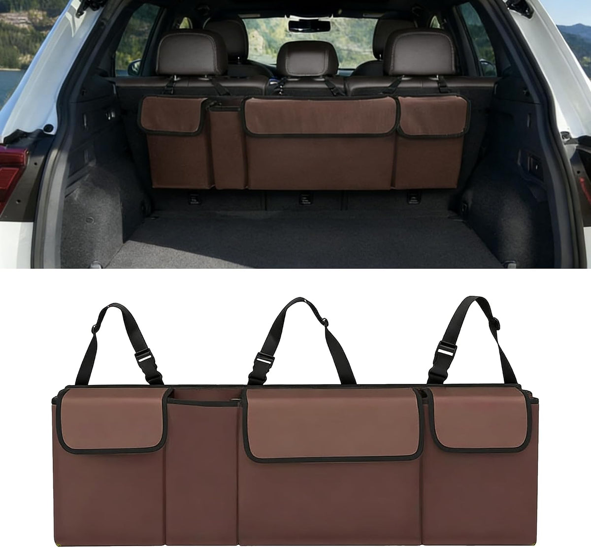 Car Trunk Organizer, Waterproof Backseat Hanging Large Storage with Adjustable Straps, Collapsible Cargo Bag with 4 Pockets, Car Interior Accessories for Truck, SUV, MPV (Black)