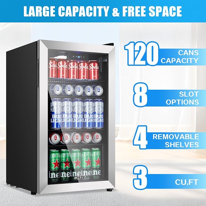 Beverage Refrigerator Cooler, 120 Can Mini Beverage Fridge with Reversible Glass Door for Soda Beer, 3 Cu.Ft Drink Fridge with Digital Temperature Control & Adjustable Shelves - Silver