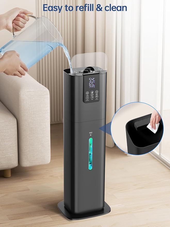 8L Smart Humidifiers for Bedroom Large Room, 2.1Gal Cool Mist Top Fill Diffuser Ambient Light, App & Remote Control, 3 Mist Modes, Quiet Humidifier for Home Office Plant (Black)