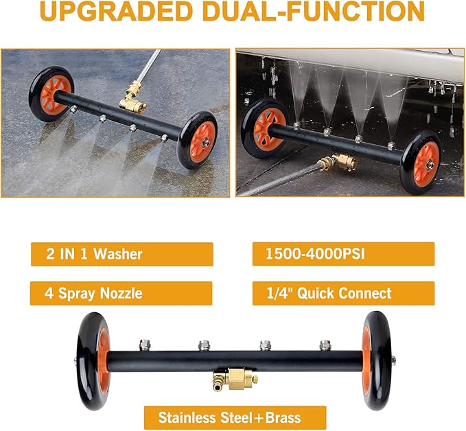 EVEAGE 2-in-1 Undercarriage Pressure Washer Attachment, 16" Pressure Washer Water Broom, 3 Extension Wands Wash Mitt, Reversible Undercarriage Cleaner, 4000 PSI