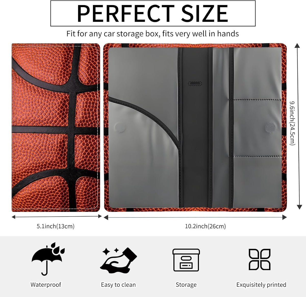 Premium Car Registration and Insurance Card Holder, Cute PU Leather Car Document Holder, Vehicle Glove Box Car Organizer with Magnetic Closure for Driver License, Cards Basketball Texture