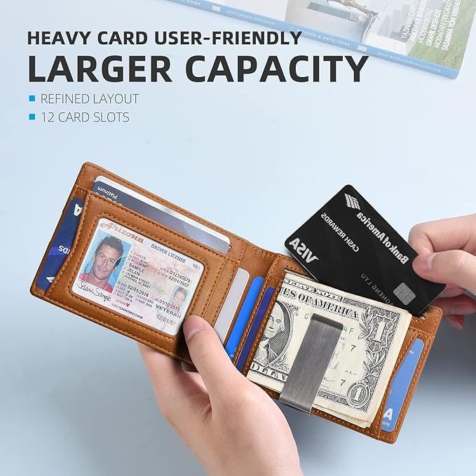 Zitahli Money Clip Wallets for Men,Slim Bifold Wallet 10-12 Cards, Mens Leather Wallet with ID Window,RFID Blocking Thin Minimalist Credit Card Holder,Gifts for Him