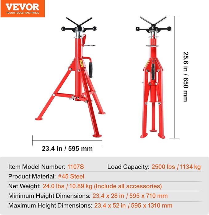 VEVOR V-Head Pipe Stand, 1/8"-12" Capacity, 28"-52" Height Adjustable, Pipe Jack Stands 2500 lbs Load Capacity, Portable Folding Pipe Stands, Durable Carbon Steel Frame
