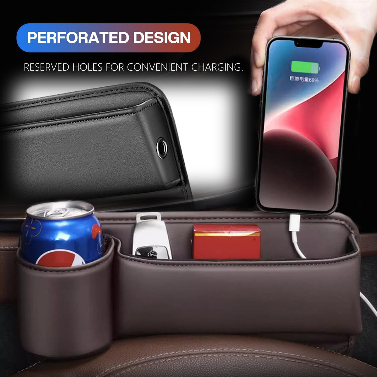 Car Leather Cup Holder Gap Bag, Car Seat Gap Filler Organizer with Water Cup Holder and Phone Charging Hole (White, A Pair)