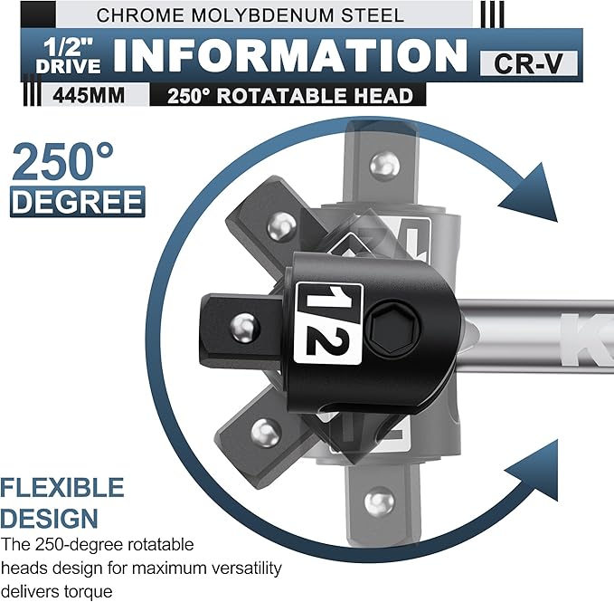 17.5-Inch 1/2” Drive Breaker Bar, Heavy Duty Extension Breaker Bar, 250° Rotatable Head, Premium Chromium Molybdenum Steel, Mechanical Work, Automobile and Motorcycle Maintenance and Repair